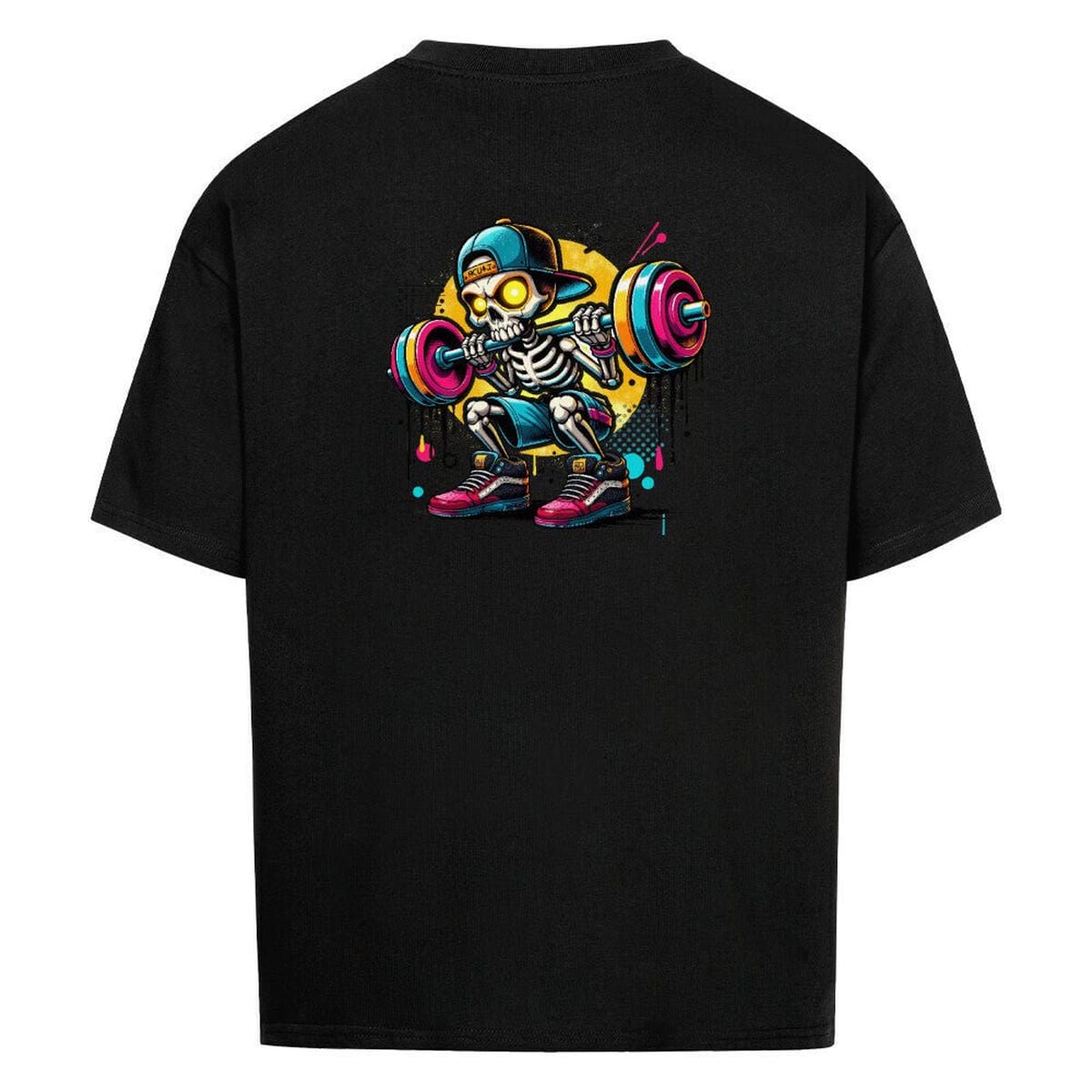 Schwarzes Deadlift Cartoon Shirt – farbintensiver Skelett-Squat-Backprint.